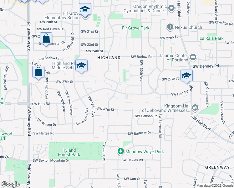 map of restaurants, bars, coffee shops, grocery stores, and more near 7340 Southwest Hyland Way in Beaverton