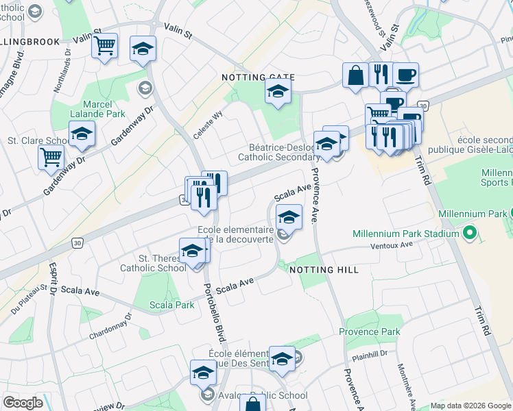 map of restaurants, bars, coffee shops, grocery stores, and more near 968 Lucille Way in Ottawa