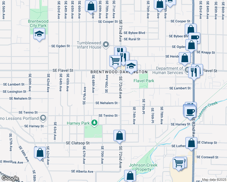map of restaurants, bars, coffee shops, grocery stores, and more near 7101 Southeast Lexington Street in Portland