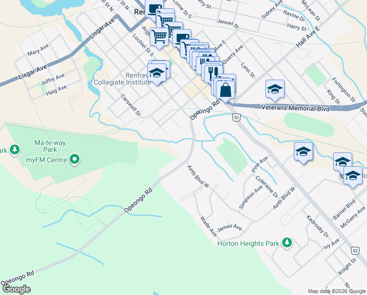 map of restaurants, bars, coffee shops, grocery stores, and more near 200 Opeongo Road in Renfrew