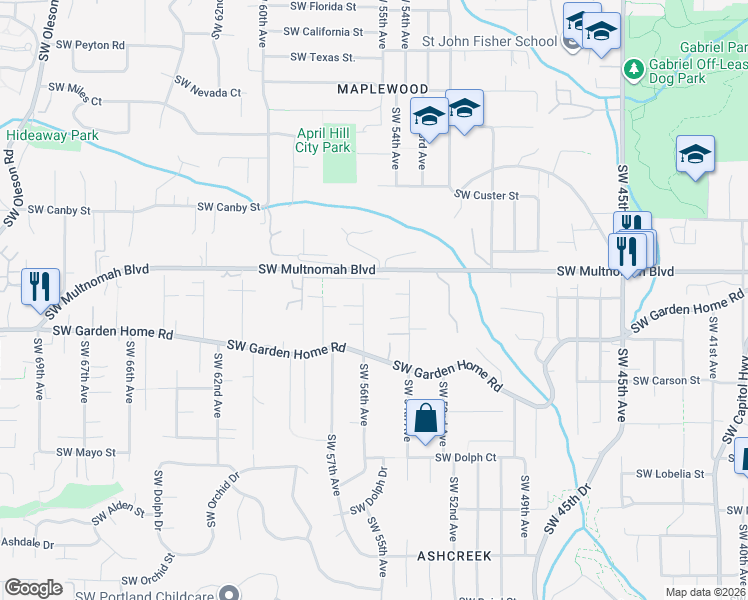 map of restaurants, bars, coffee shops, grocery stores, and more near 8043 Southwest 56th Avenue in Portland