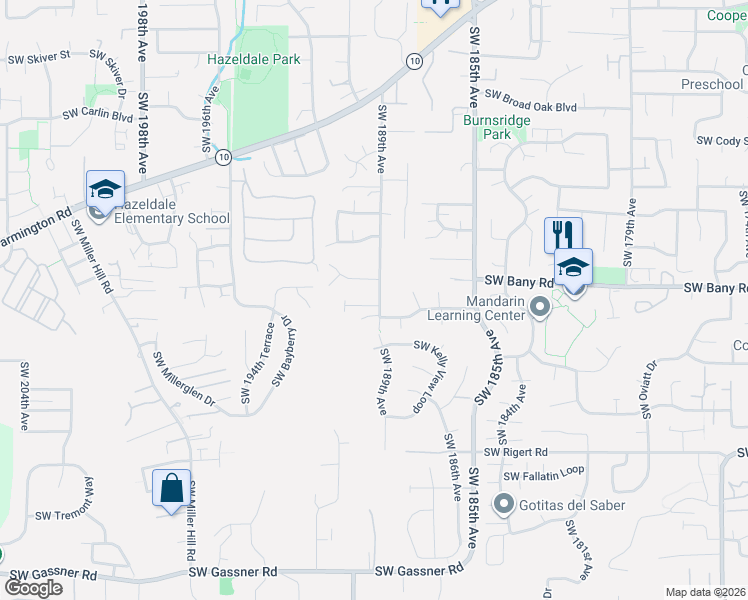 map of restaurants, bars, coffee shops, grocery stores, and more near 18901 Sw Northridge Ct in Beaverton
