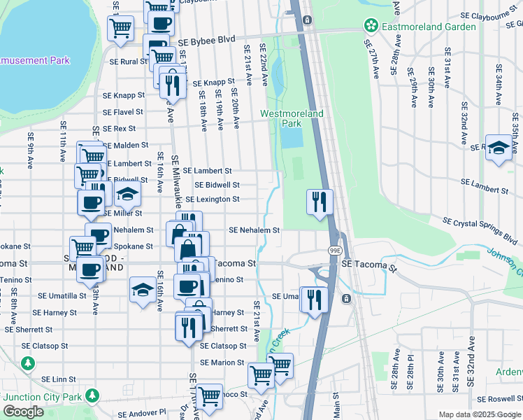 map of restaurants, bars, coffee shops, grocery stores, and more near 7928 Southeast 21st Avenue in Portland