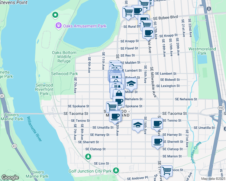 map of restaurants, bars, coffee shops, grocery stores, and more near 1219 Southeast Miller Street in Portland