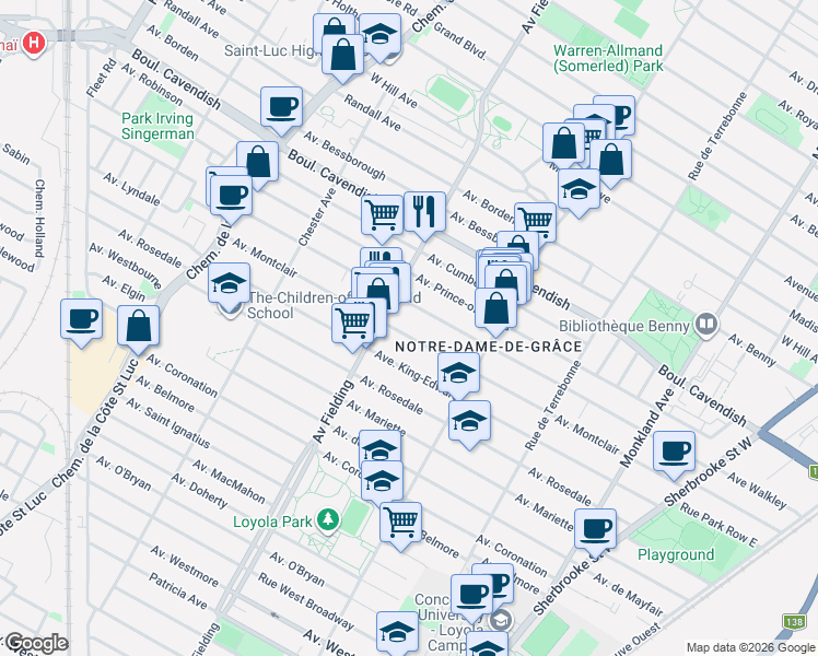 map of restaurants, bars, coffee shops, grocery stores, and more near 4921 Avenue Montclair in Montréal