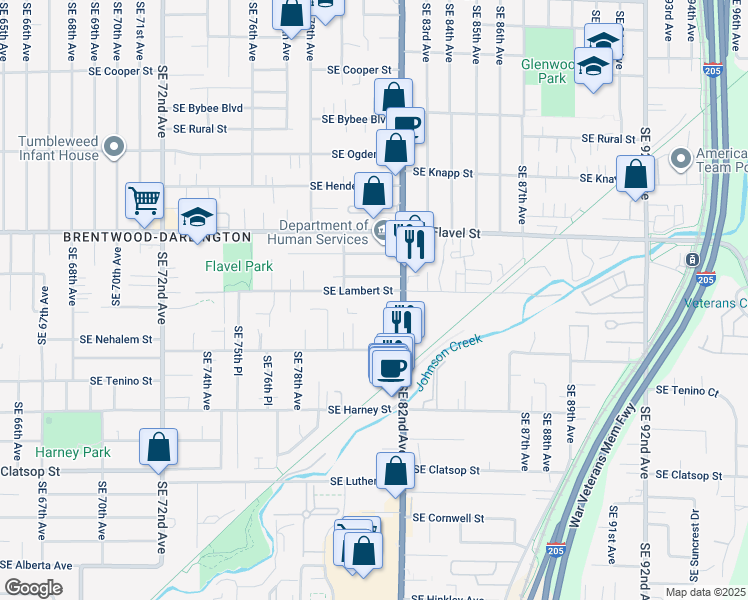map of restaurants, bars, coffee shops, grocery stores, and more near 8102 Southeast Lambert Street in Portland