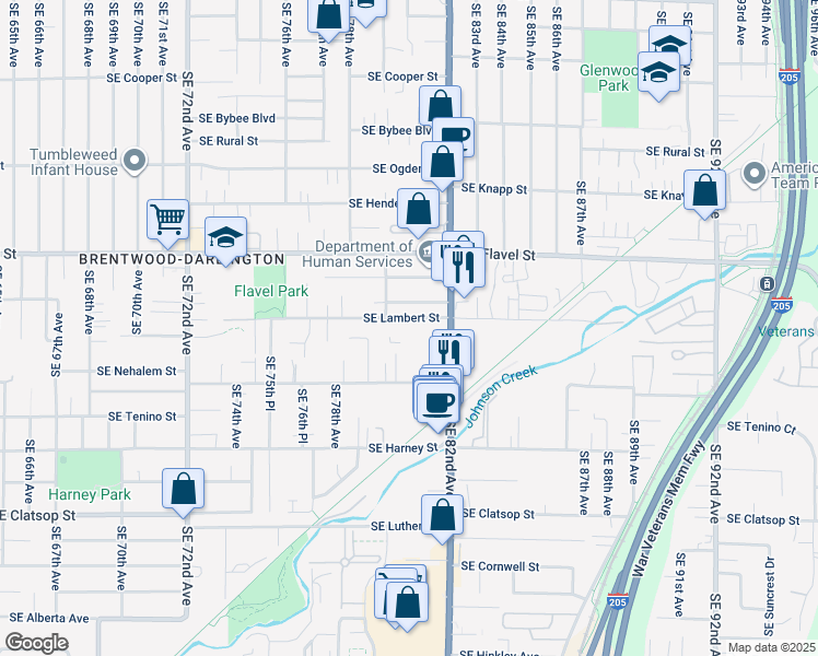 map of restaurants, bars, coffee shops, grocery stores, and more near 8102 Southeast Lambert Street in Portland