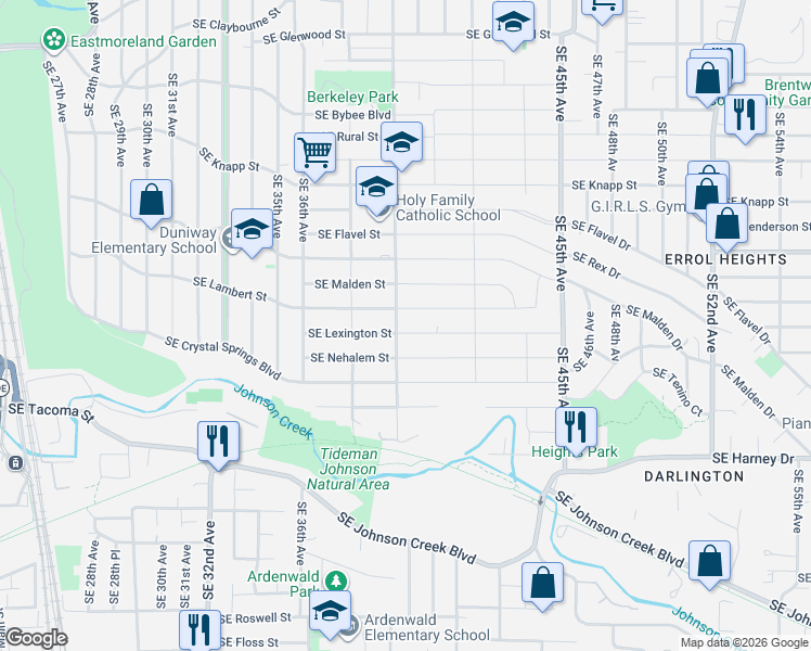 map of restaurants, bars, coffee shops, grocery stores, and more near 3925 Southeast Lexington Street in Portland