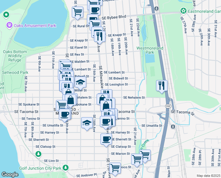map of restaurants, bars, coffee shops, grocery stores, and more near 1807 Southeast Miller Street in Portland