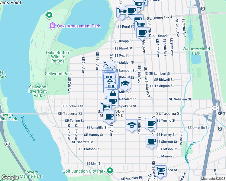map of restaurants, bars, coffee shops, grocery stores, and more near 7937 Southeast 13th Avenue in Portland