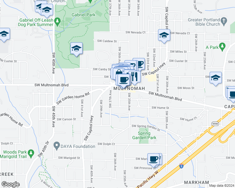 map of restaurants, bars, coffee shops, grocery stores, and more near 8015 Southwest 36th Avenue in Portland