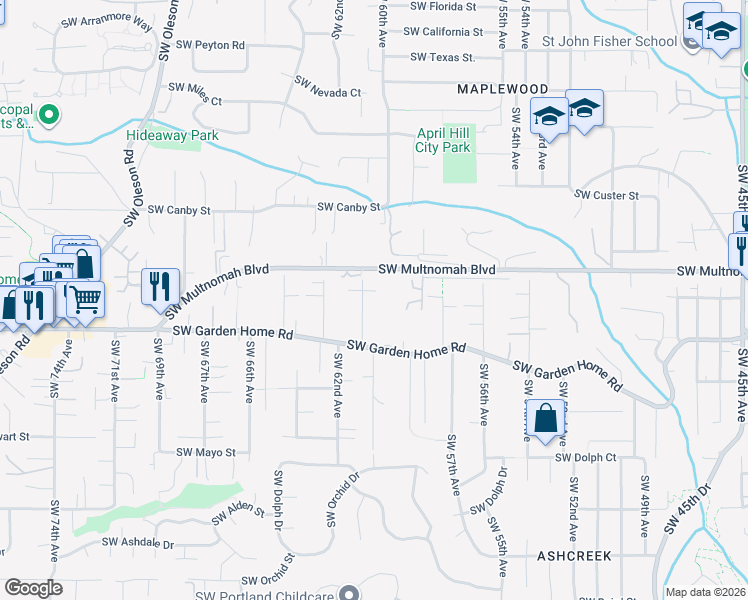 map of restaurants, bars, coffee shops, grocery stores, and more near 8102 Southwest 61st Avenue in Portland