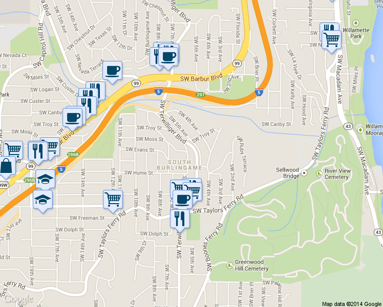 map of restaurants, bars, coffee shops, grocery stores, and more near 8014 Southwest 6th Avenue in Portland