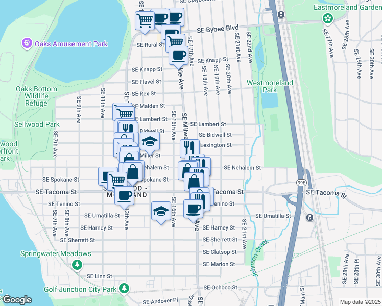 map of restaurants, bars, coffee shops, grocery stores, and more near 7936 Southeast Milwaukie Avenue in Portland