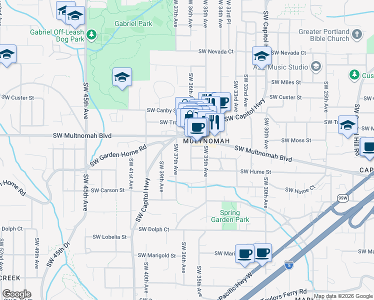 map of restaurants, bars, coffee shops, grocery stores, and more near 8015 Southwest 36th Avenue in Portland