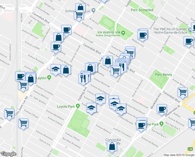 map of restaurants, bars, coffee shops, grocery stores, and more near 4925 Avenue Montclair in Montréal