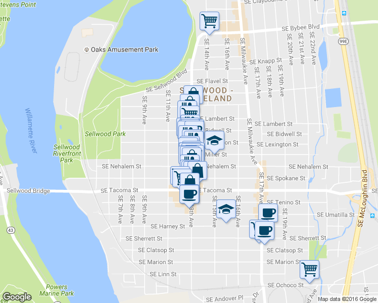 map of restaurants, bars, coffee shops, grocery stores, and more near 7937 Southeast 13th Avenue in Portland