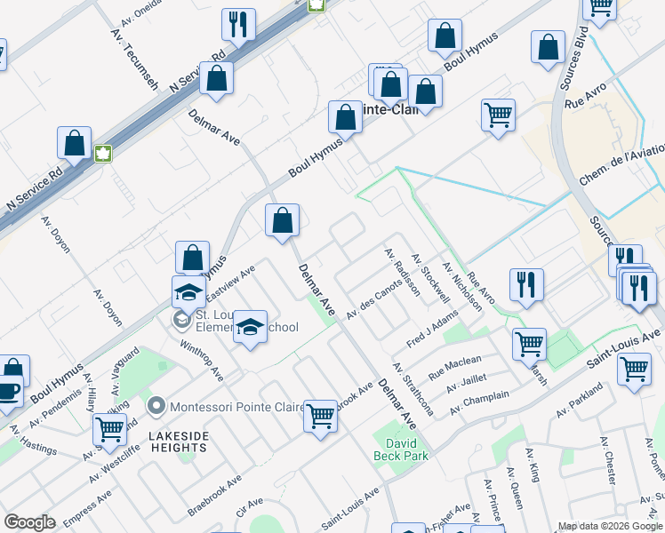 map of restaurants, bars, coffee shops, grocery stores, and more near 380 Avenue Hearne in Pointe-Claire
