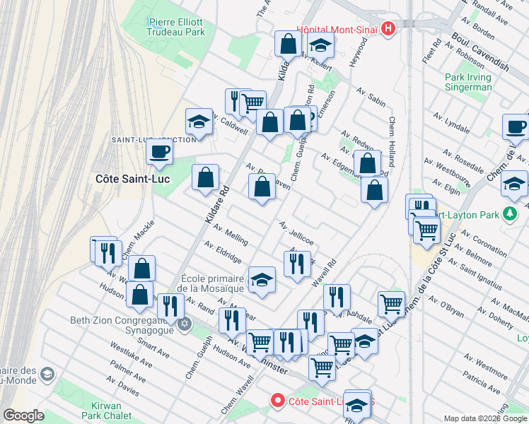 map of restaurants, bars, coffee shops, grocery stores, and more near 5714 Avenue Lockwood in Montréal