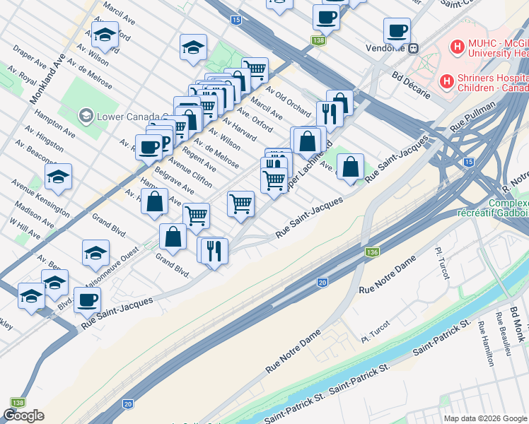 map of restaurants, bars, coffee shops, grocery stores, and more near 5872 Chemin Upper Lachine in Montréal