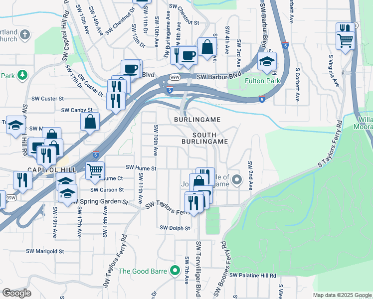 map of restaurants, bars, coffee shops, grocery stores, and more near 8007 Southwest Burlingame Avenue in Portland
