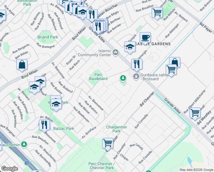map of restaurants, bars, coffee shops, grocery stores, and more near 3980 Croissant Bazin in Brossard