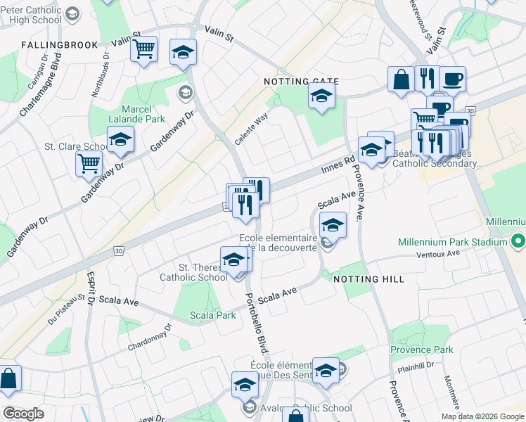 map of restaurants, bars, coffee shops, grocery stores, and more near 919 Markwick Crescent in Ottawa