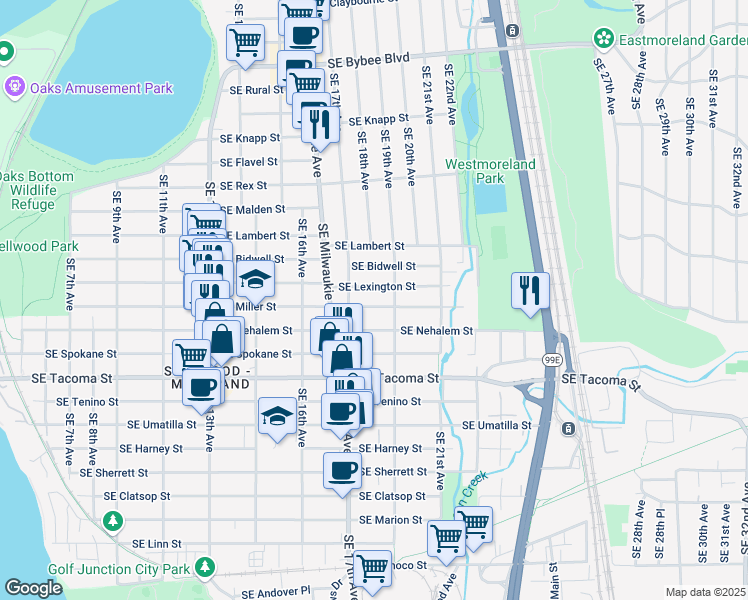 map of restaurants, bars, coffee shops, grocery stores, and more near 1807 Southeast Miller Street in Portland