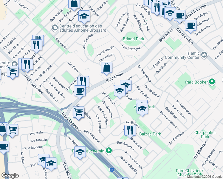 map of restaurants, bars, coffee shops, grocery stores, and more near 7420 Avenue Thibault in Brossard