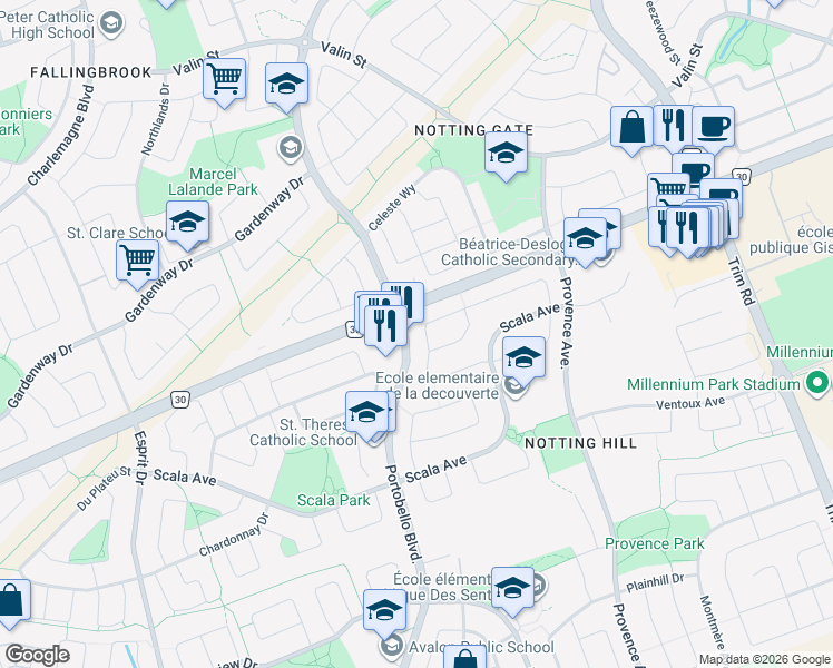 map of restaurants, bars, coffee shops, grocery stores, and more near 919 Markwick Crescent in Ottawa