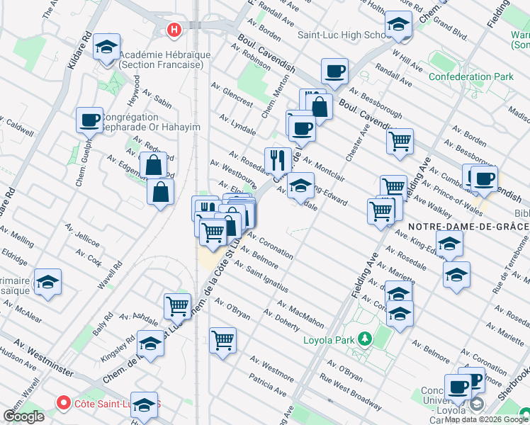map of restaurants, bars, coffee shops, grocery stores, and more near 6950 Chemin de la Côte Saint Luc in Montréal