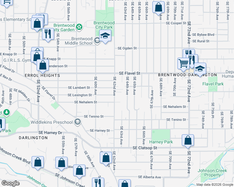 map of restaurants, bars, coffee shops, grocery stores, and more near 7838 Southeast 62nd Avenue in Portland