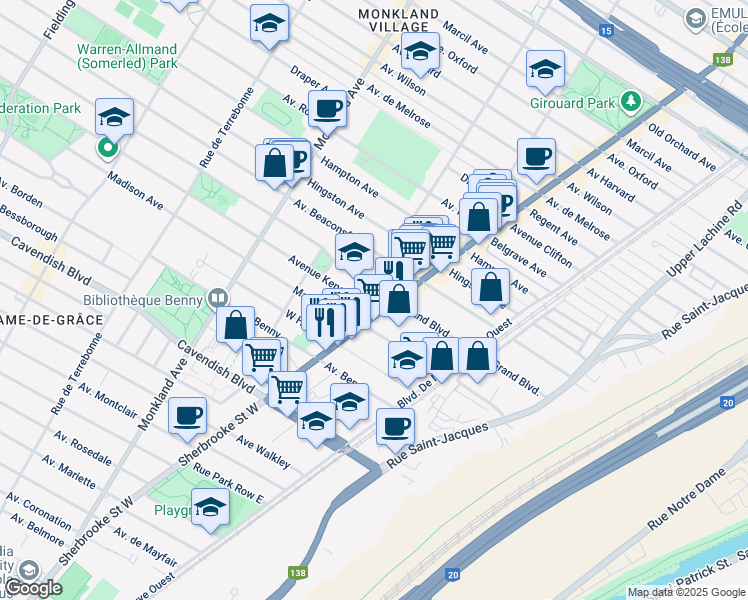 map of restaurants, bars, coffee shops, grocery stores, and more near 6201 Rue Sherbrooke Ouest in Montréal