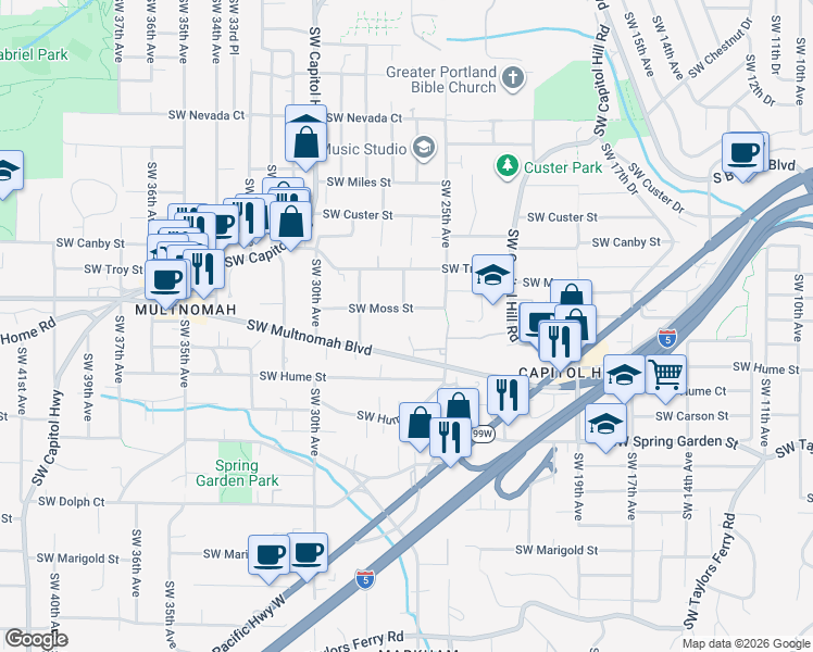 map of restaurants, bars, coffee shops, grocery stores, and more near 2731 Southwest Multnomah Boulevard in Portland
