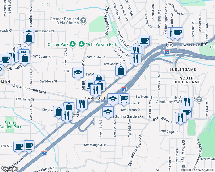 map of restaurants, bars, coffee shops, grocery stores, and more near in Portland