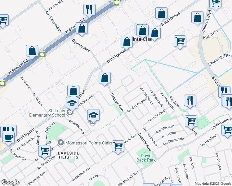 map of restaurants, bars, coffee shops, grocery stores, and more near 400 Avenue Hearne in Pointe-Claire