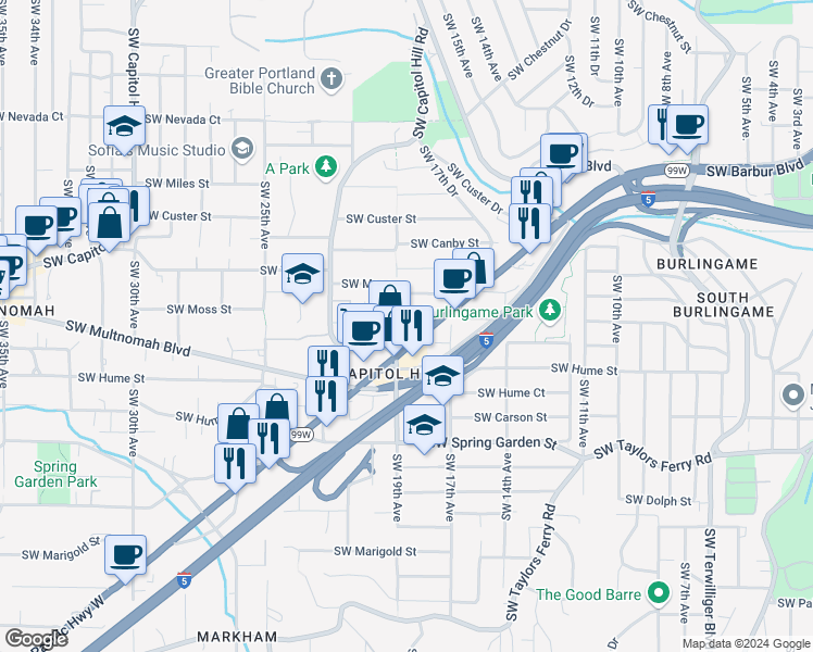 map of restaurants, bars, coffee shops, grocery stores, and more near 1834 Southwest Evans Street in Portland