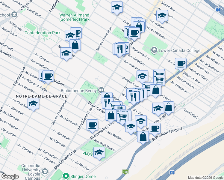 map of restaurants, bars, coffee shops, grocery stores, and more near 4222 Avenue West Hill in Montréal