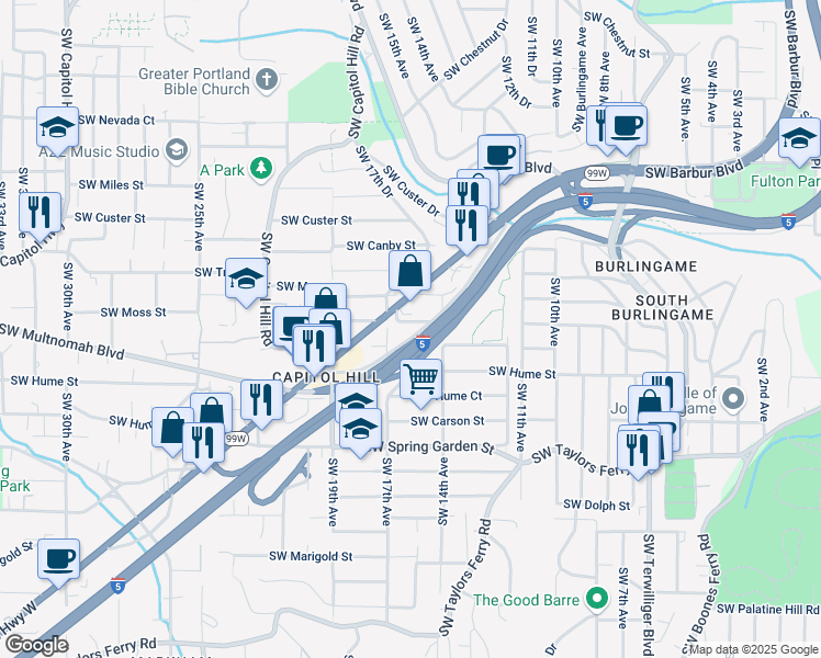 map of restaurants, bars, coffee shops, grocery stores, and more near 1515 Southwest Multnomah Boulevard in Portland