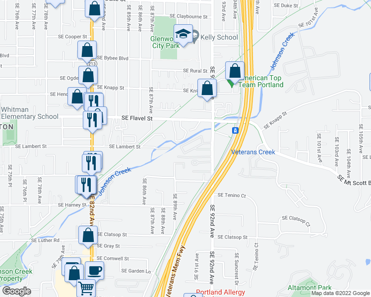 map of restaurants, bars, coffee shops, grocery stores, and more near 7945 Southeast 92nd Avenue in Portland