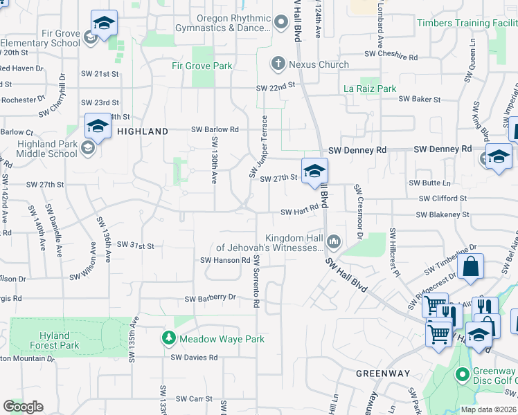 map of restaurants, bars, coffee shops, grocery stores, and more near 12735 Southwest Hart Road in Beaverton