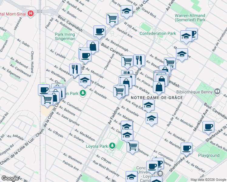 map of restaurants, bars, coffee shops, grocery stores, and more near 5177 Avenue King-Edward in Montréal