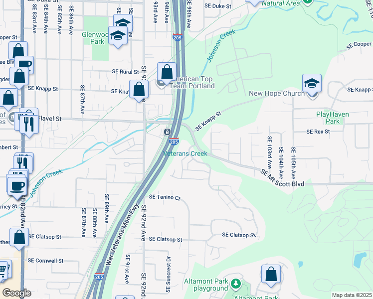 map of restaurants, bars, coffee shops, grocery stores, and more near 7732 Southeast Aspen Summit Drive in Portland