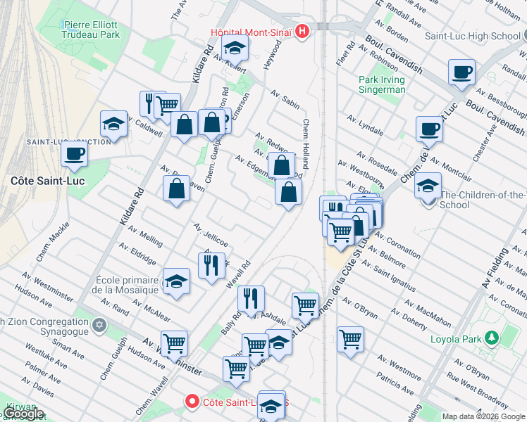 map of restaurants, bars, coffee shops, grocery stores, and more near 5602 Croissant Chamberland in Côte Saint-Luc