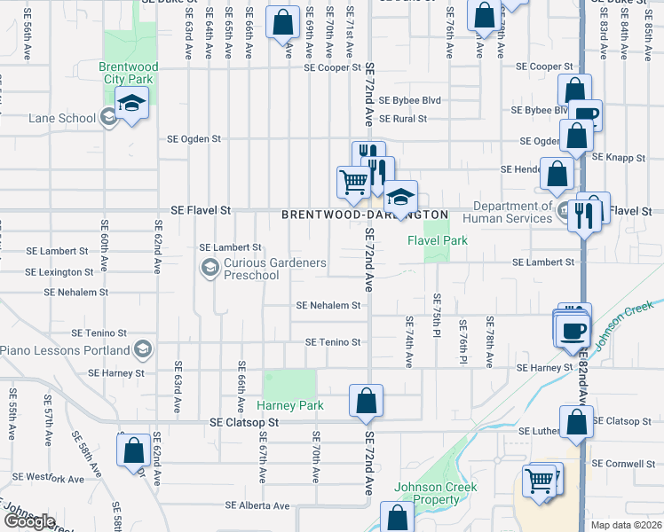map of restaurants, bars, coffee shops, grocery stores, and more near 7101 Southeast Lexington Street in Portland