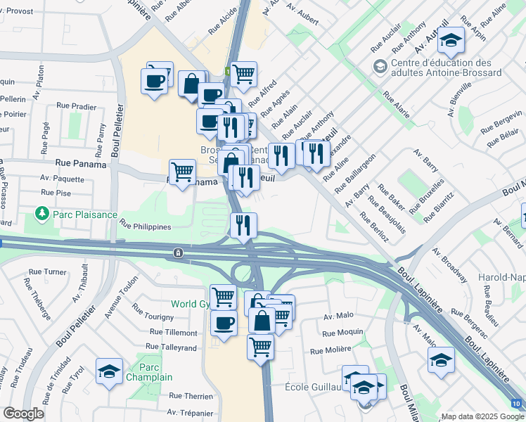 map of restaurants, bars, coffee shops, grocery stores, and more near 7055 Boulevard Taschereau in Brossard