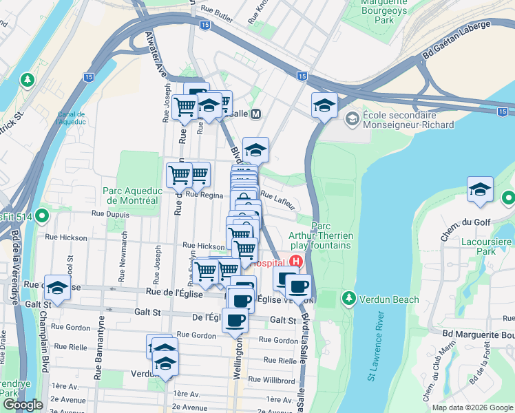 map of restaurants, bars, coffee shops, grocery stores, and more near 3723 Boulevard LaSalle in Montréal