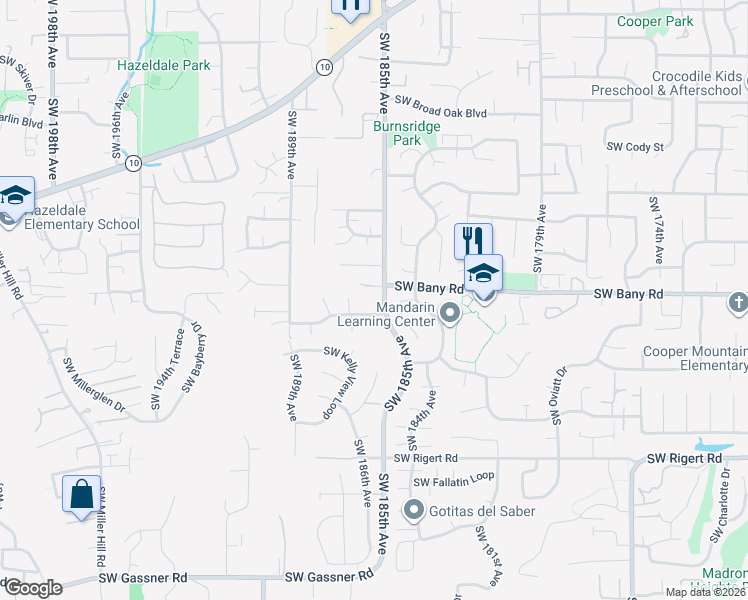 map of restaurants, bars, coffee shops, grocery stores, and more near 18569 Southwest Hart Road in Beaverton