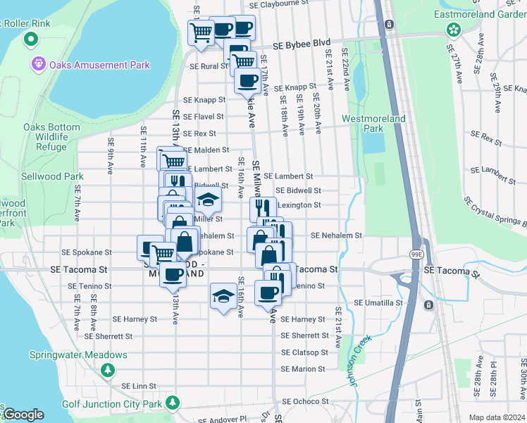 map of restaurants, bars, coffee shops, grocery stores, and more near 7924 Southeast Milwaukie Avenue in Portland