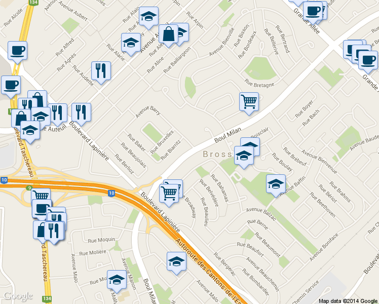 map of restaurants, bars, coffee shops, grocery stores, and more near 6652 Boulevard Milan in Brossard